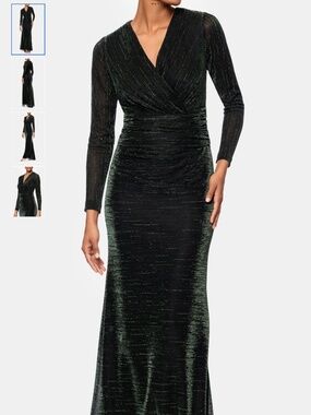 Betsy & Adam Metallic Long Sleeve Ruched Gown, size 14